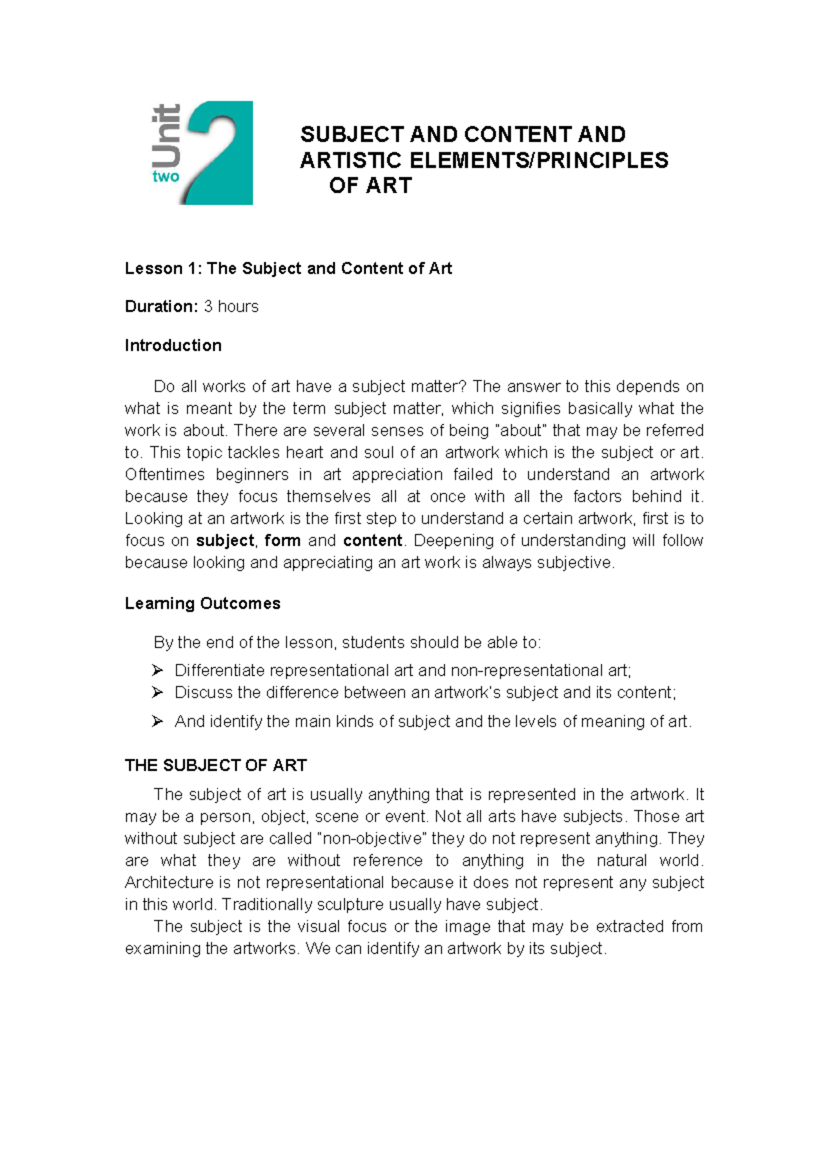Art Appreciation (ART101): Unit 2 Lesson 1 - Subject & Content of Art ...