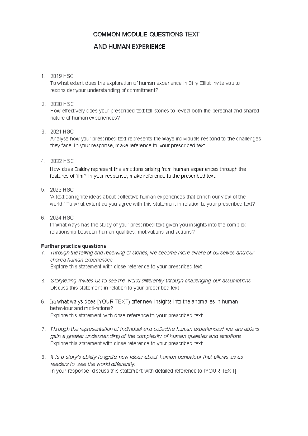 COMMON MODULE: TEXT AND HUMAN EXPERIENCE - PAST HSC QUESTIONS - Studocu