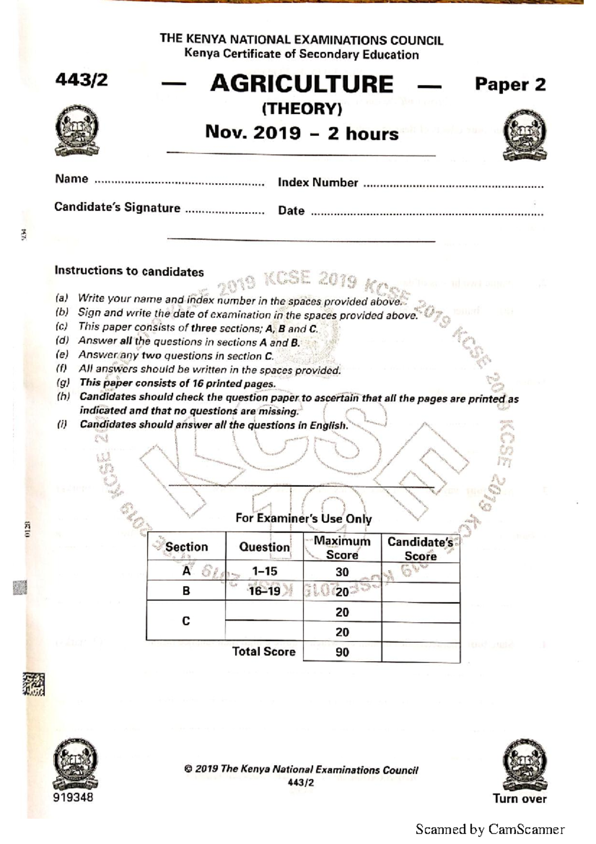 Agriculture Theory Paper 2 KCSE 2019 Exam Guide - Studocu