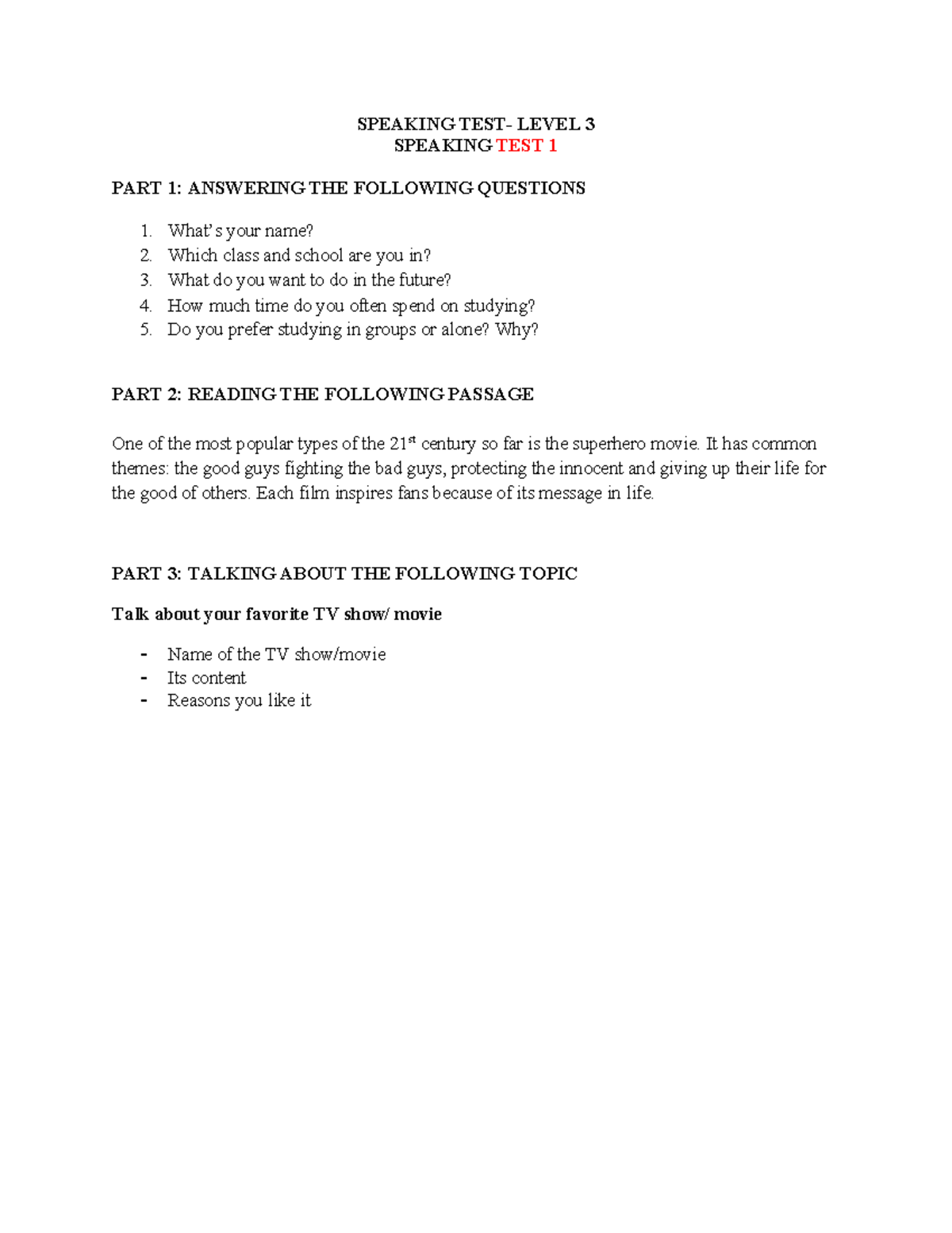 SPEAKING LEVEL 3 TEST: QUESTIONS & PASSAGES FOR DEMO - Studocu