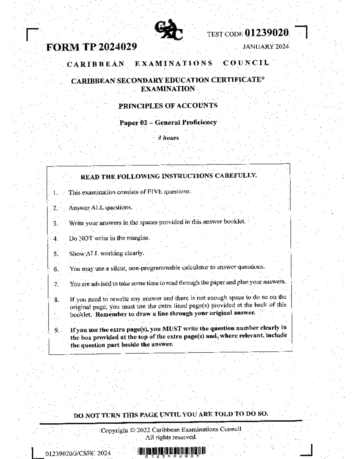 CSEC POA 01239020 January 2024 Paper 02 Exam Instructions & Questions ...