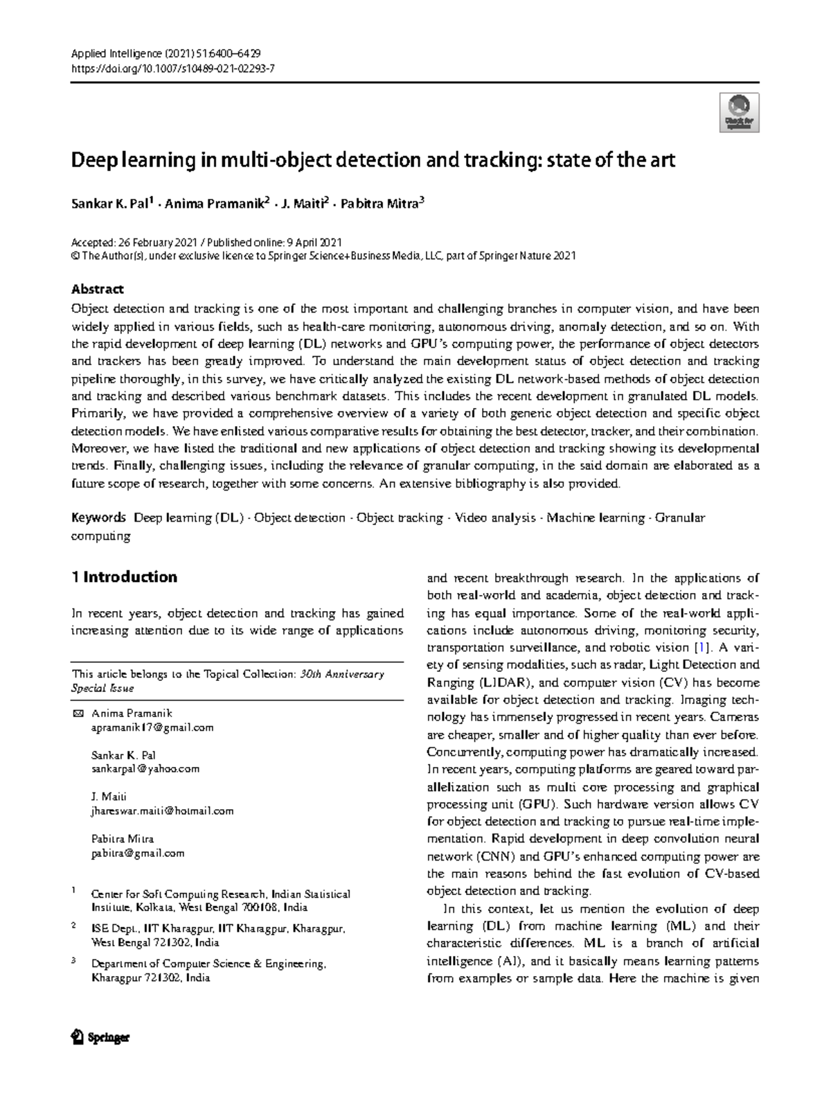 Deep learning in multi object detection - doi/10.1007/s10489-021-02293 ...