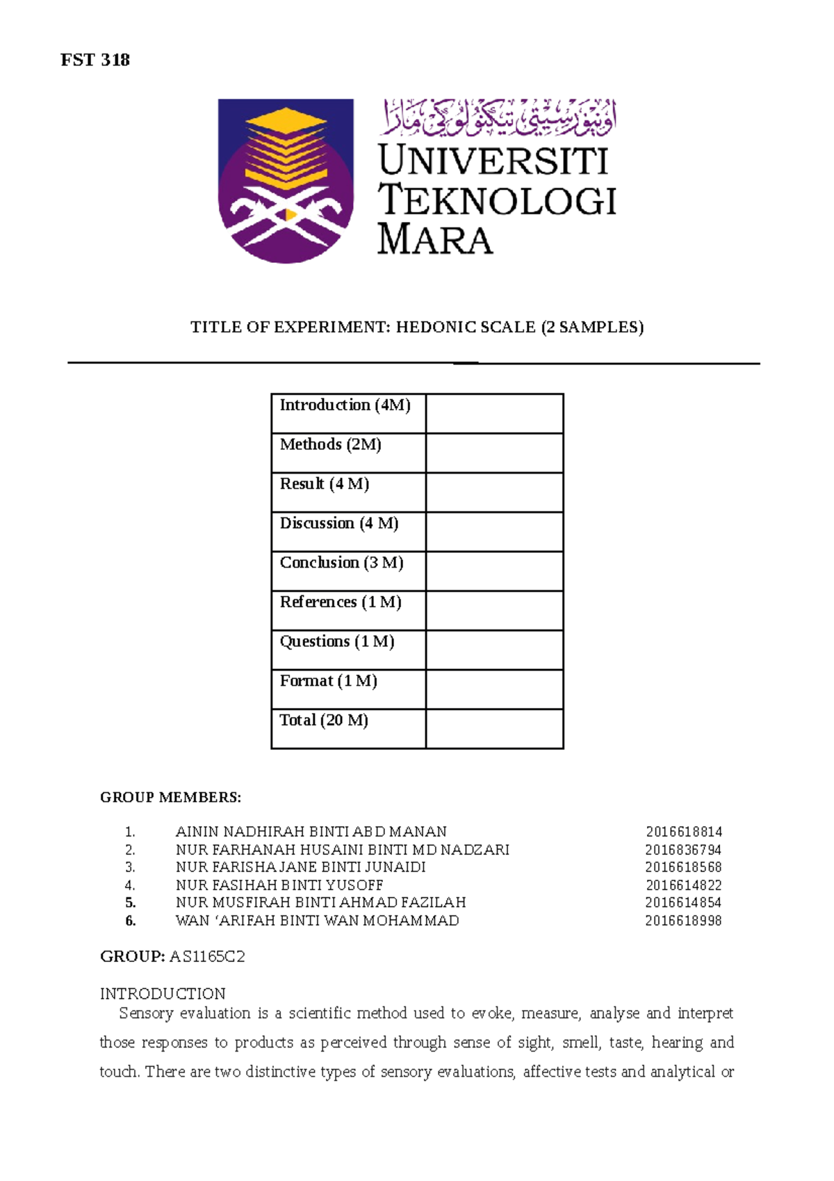 LAB Report on Hedonic Scale Sensory Evaluation (FST 318) - Studocu