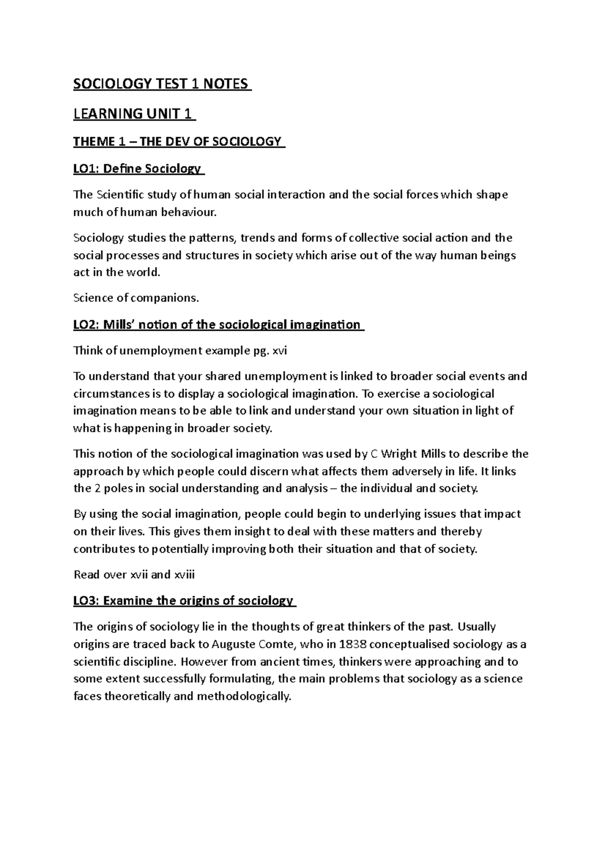 Sociology TEST 1 Notes - SOCIOLOGY TEST 1 NOTES LEARNING UNIT 1 THEME 1 ...