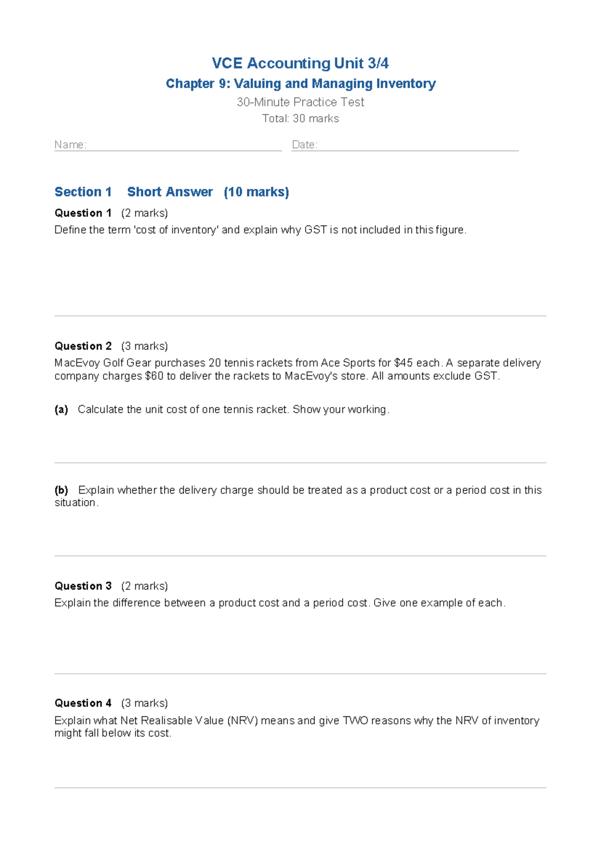VCE Accounting Unit 3: Chapter 9 Inventory Valuation Practice Test ...