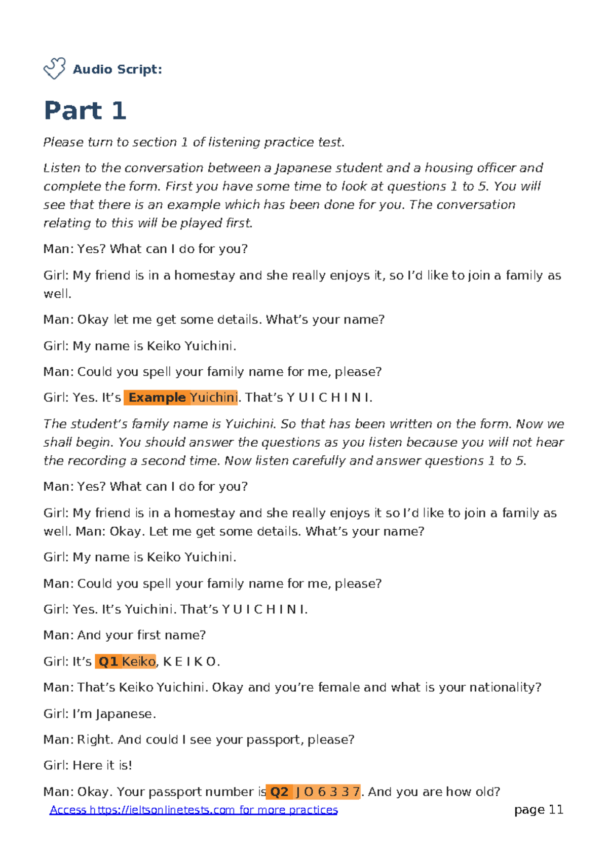Listening Practice Test 1: Audio Script & Conversation Details - Studocu
