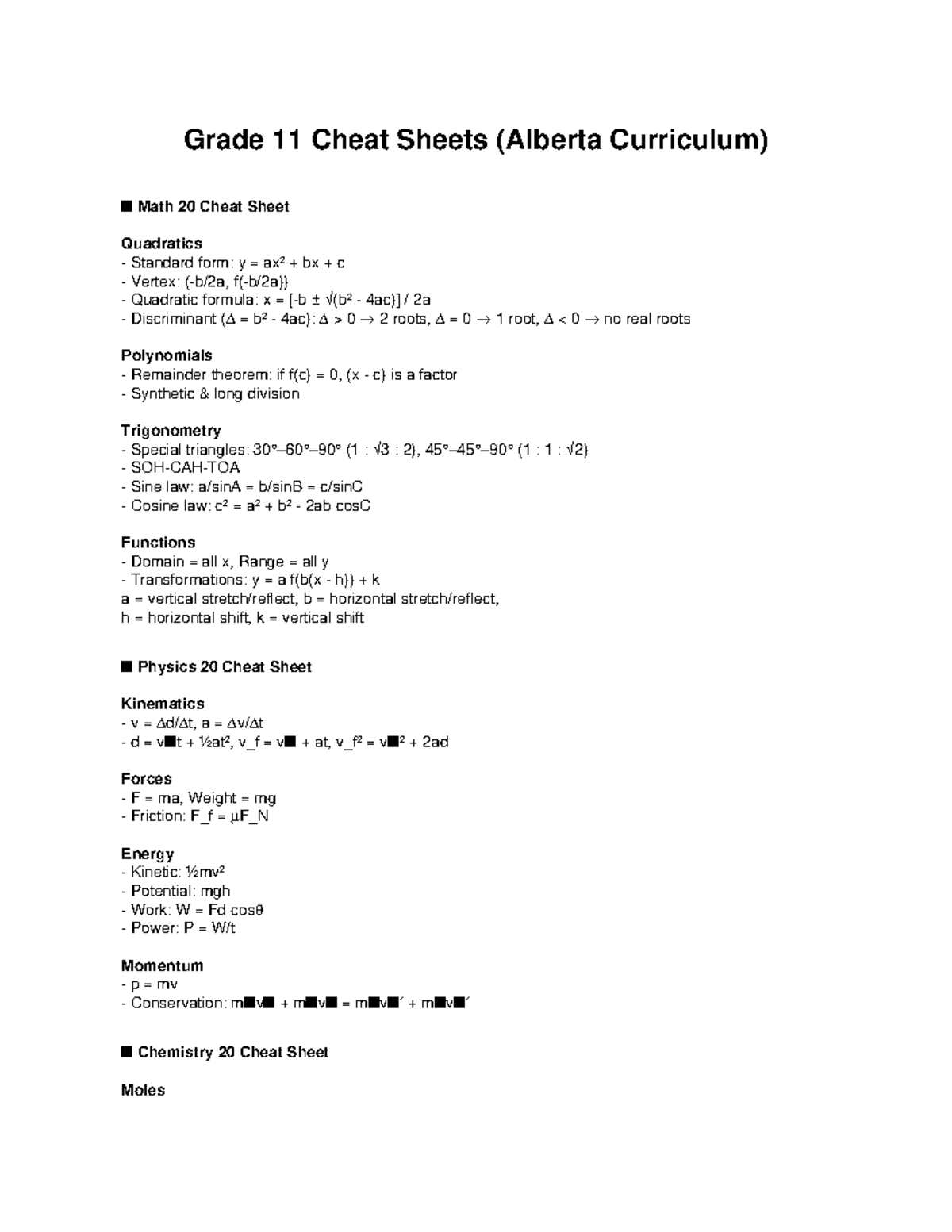 Grade 11 Cheat Sheets (Alberta Curriculum) - Math, Physics, Chemistry ...