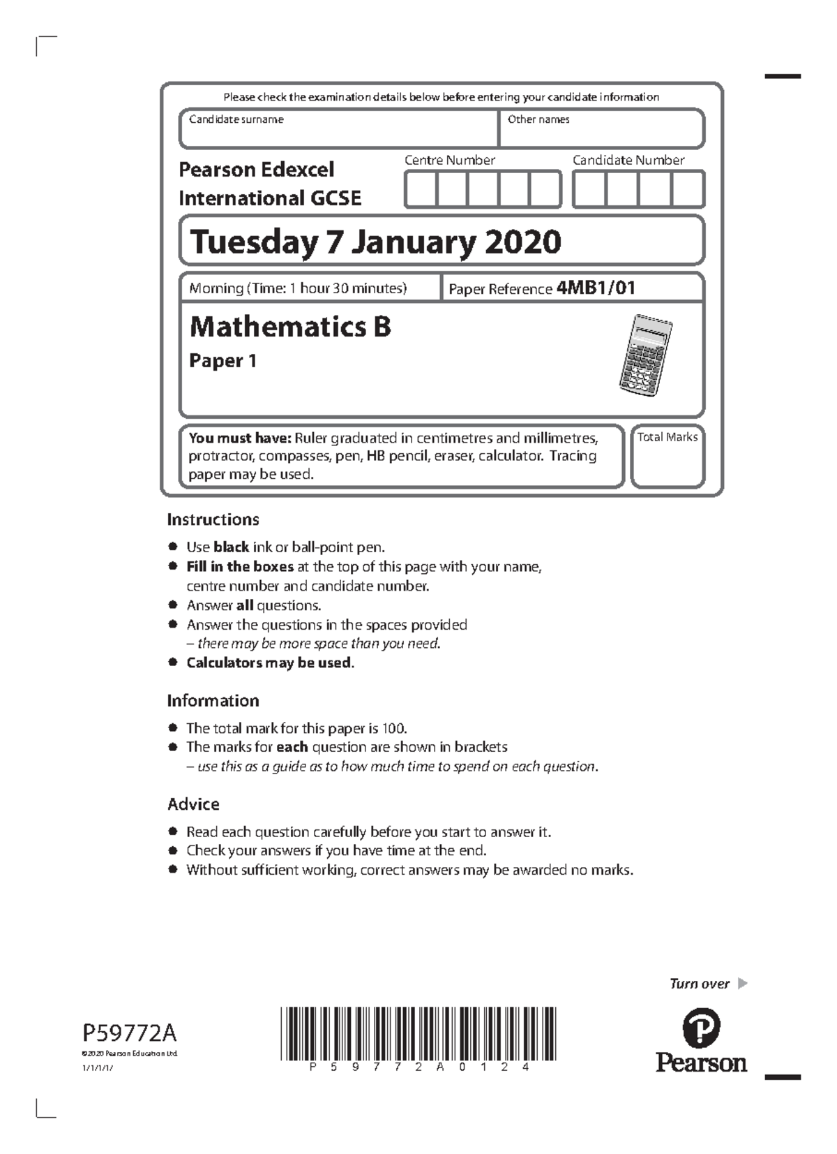 JAN 2020 4MB1 Mathematics B Paper 1 Question Paper - Studocu