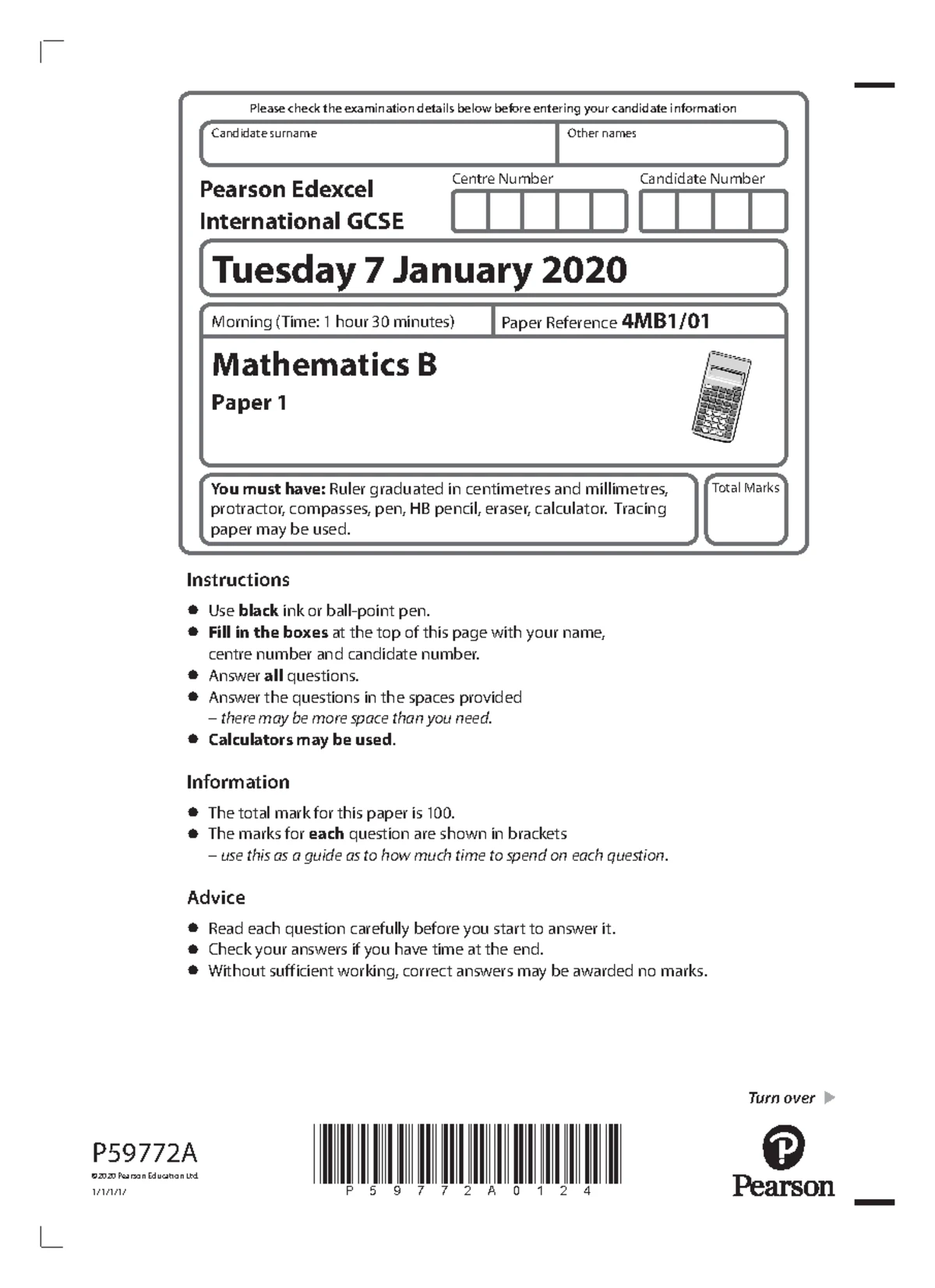 JAN 2020 4MB1 Mathematics B Paper 1 Question Paper - Studocu