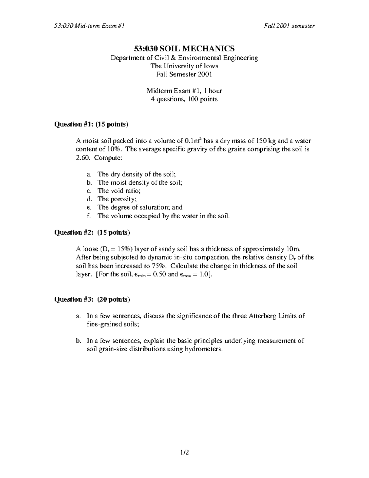 53:030 Soil Mechanics Fall 2001 Midterm Exam Review - Studocu