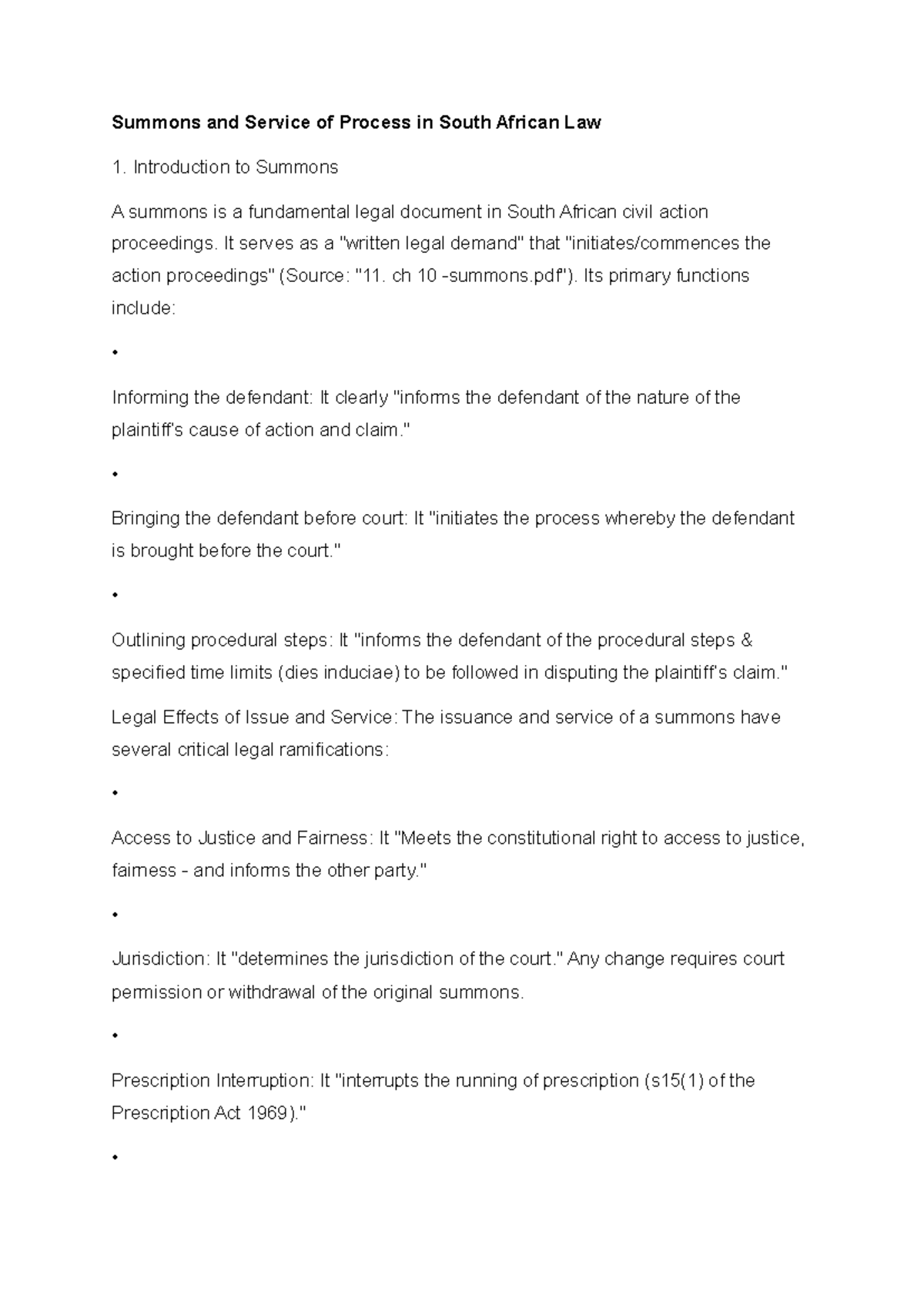 Civil Procedure: Summons & Service of Process in SA Law (Ch 10 & 11 ...