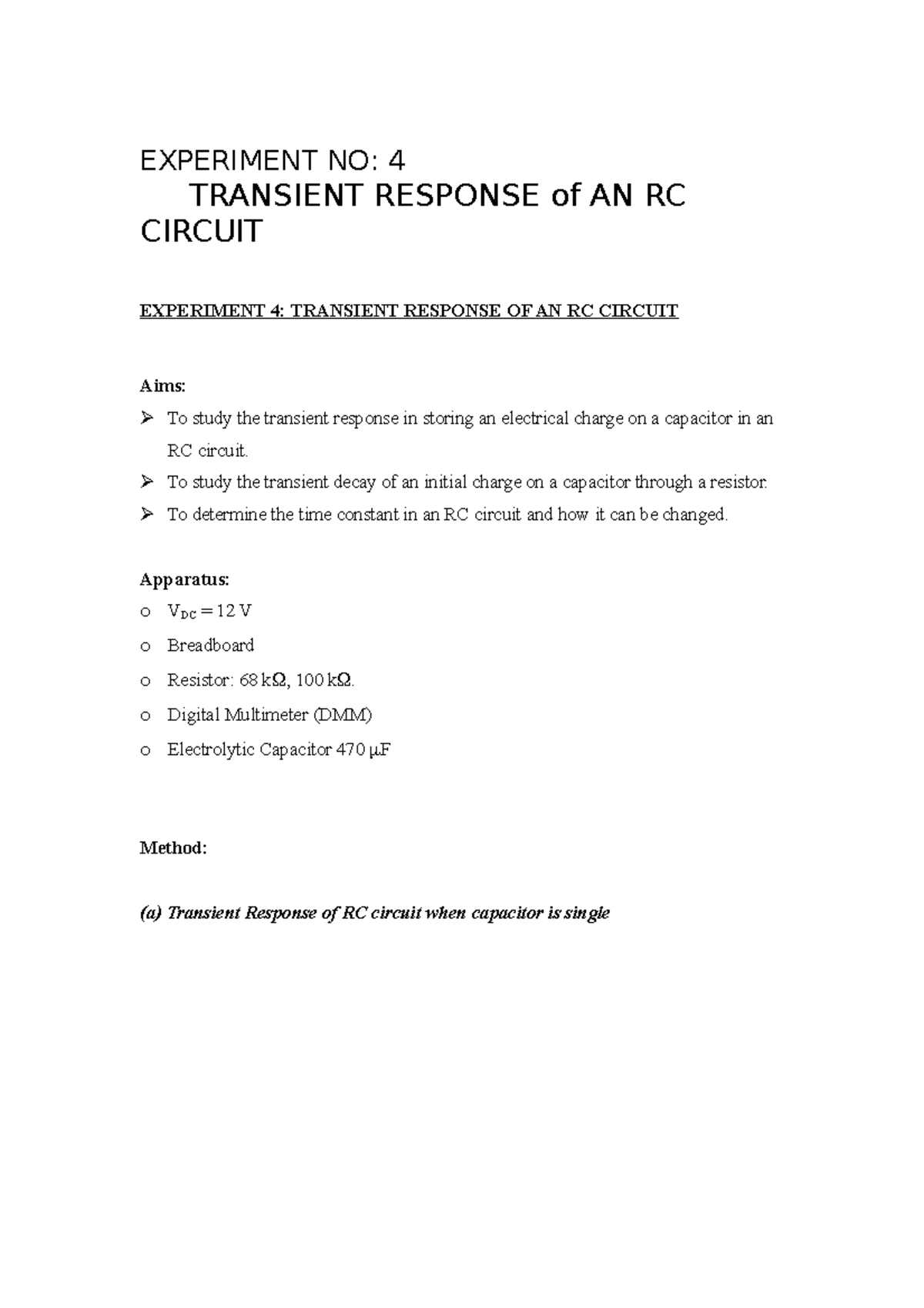 121952876 Lab Report on Transient Response of an RC Circuit - Studocu