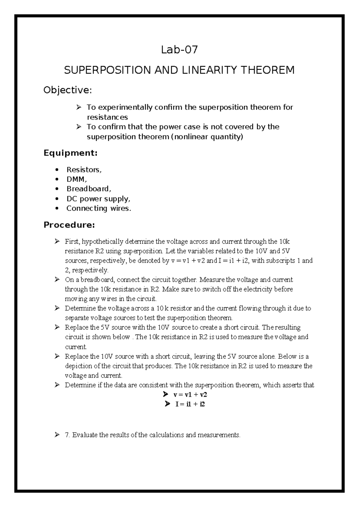 Lab Journal 7: Superposition and Linearity Theorem Experiment - Studocu