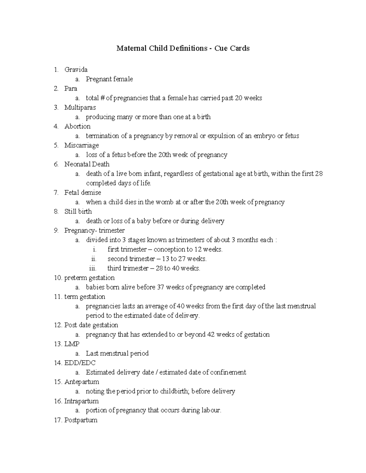 Maternal Child Definitions - Key Terms and Concepts for Nursing - Studocu