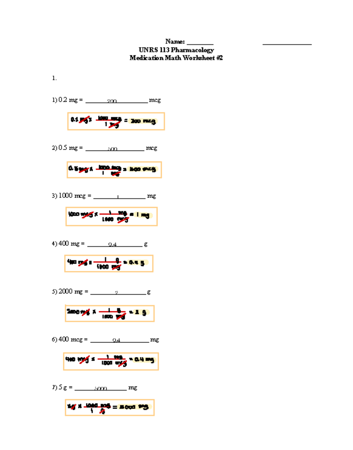 UNRS 113 Medication Math Worksheet #2: Problem Sets and Solutions - Studocu