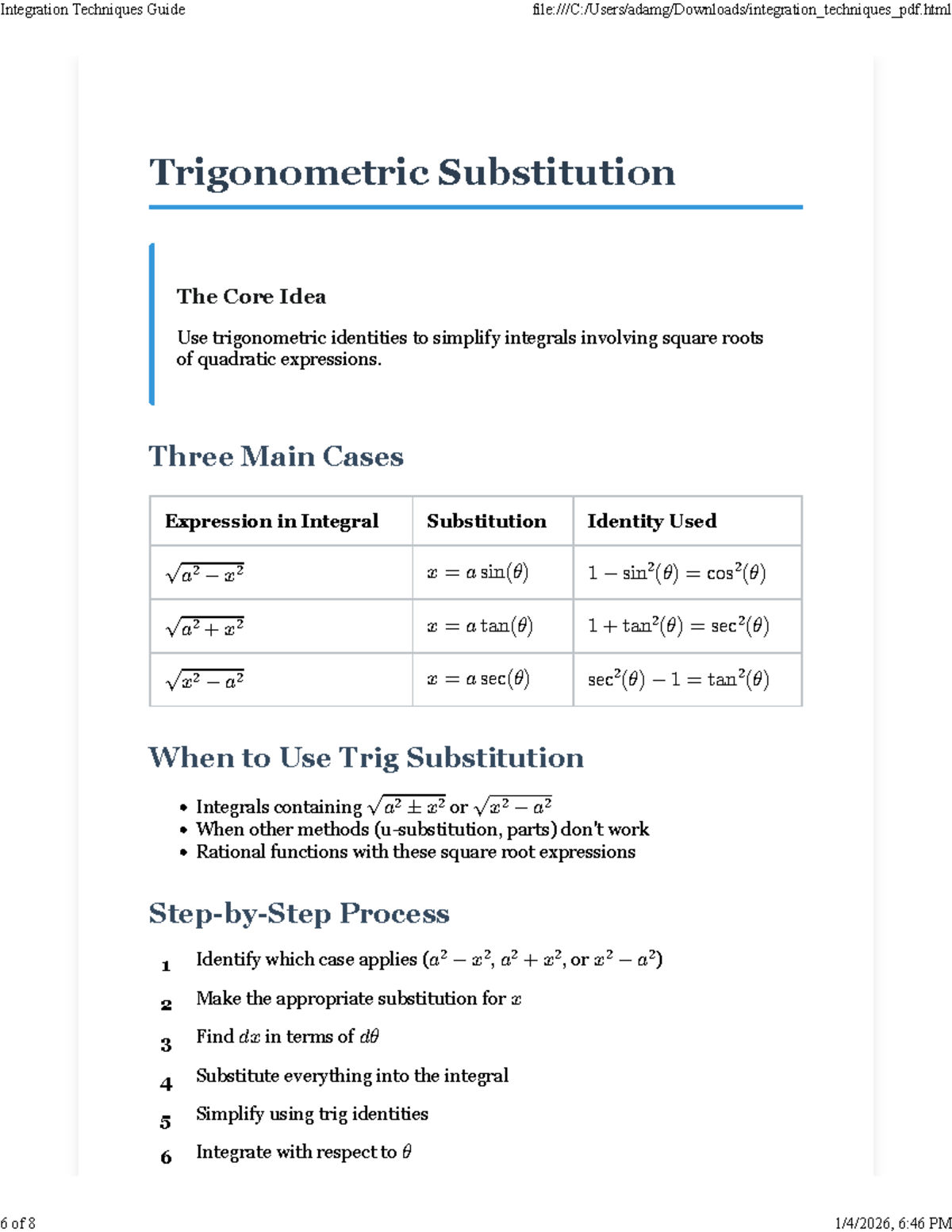 Integration by Trig Substitution Techniques Guide (6 of 8) - Studocu