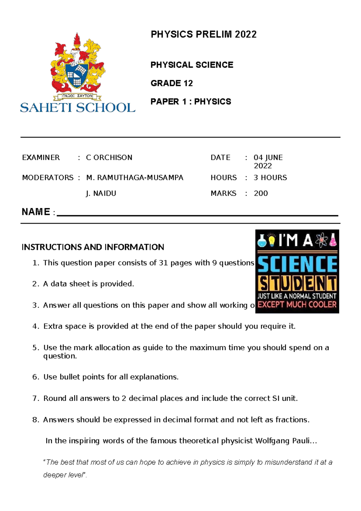 Saheti PHYSICS P1 2022: Grade 12 Physical Science Exam Paper - Studocu