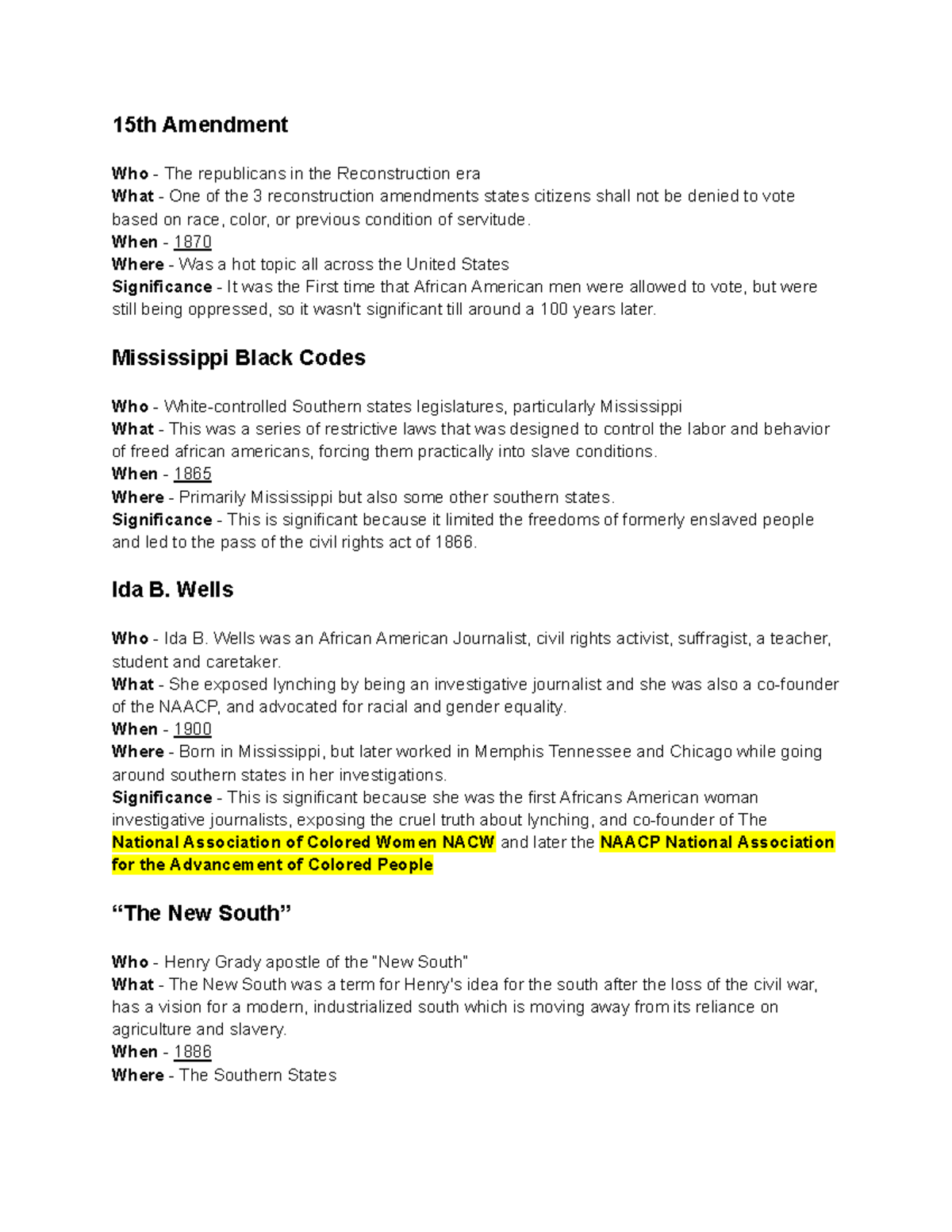 HISTORY Study Guide: Key Events and Figures from 1865-1920 - 15th ...