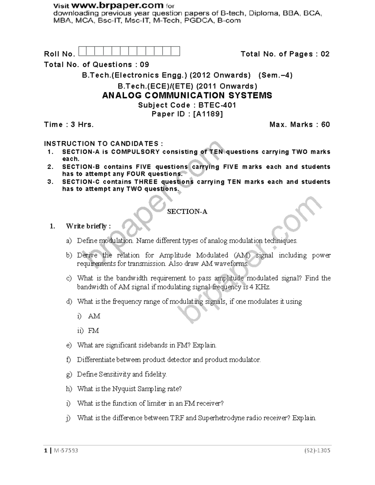 BTEC 4th Sem May 2015 - Analog Communication Systems Exam Paper - Studocu