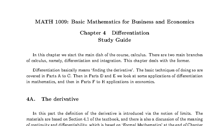 MATH 1009: Chapter 4 Differentiation Study Guide and Notes - Studocu
