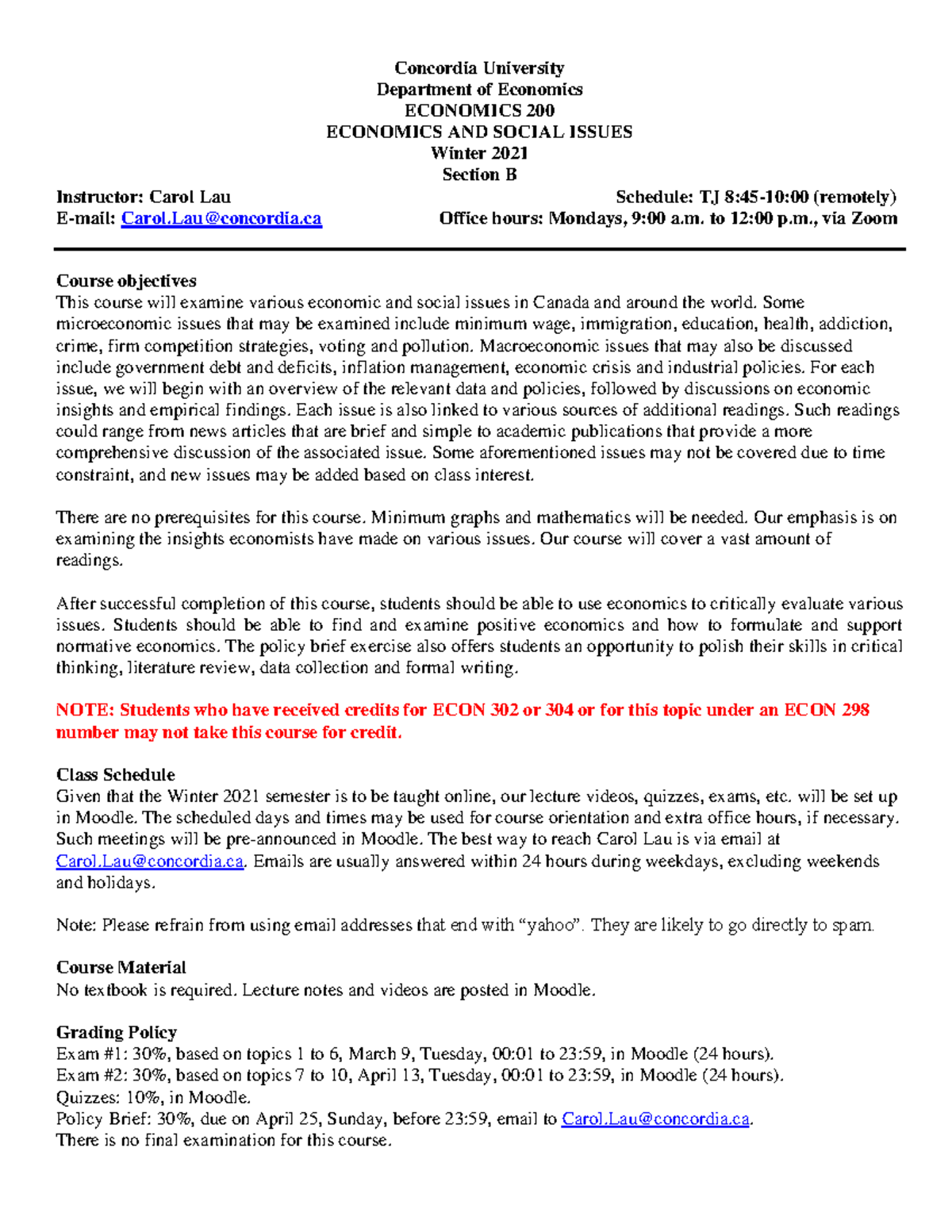 ECON200 - Winter 2021 Course Outline on Economic & Social Issues - Studocu
