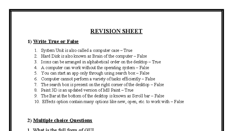 CSK W Revision Sheet: True/False & MCQ on Computer Basics - Studocu