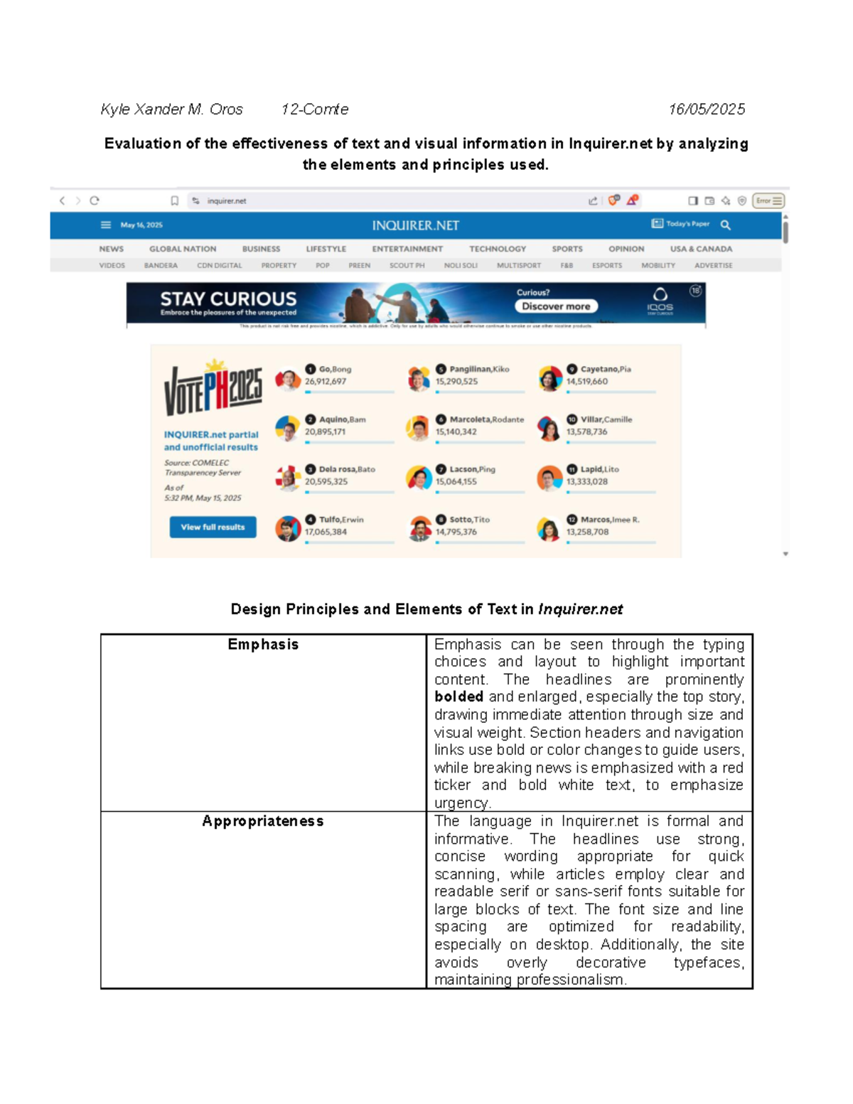 Evaluation of Text and Visual Design Principles in Inquirer.net (DES101 ...