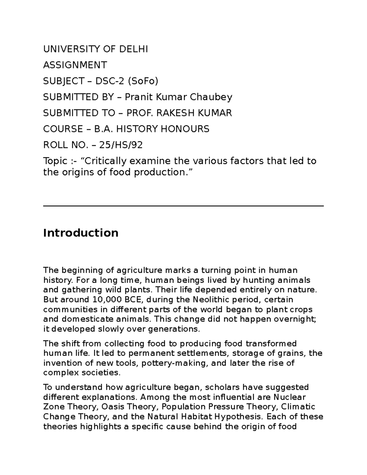 B.A. History Honours SoFo Assignment: Theories on Origins of Food - Studocu