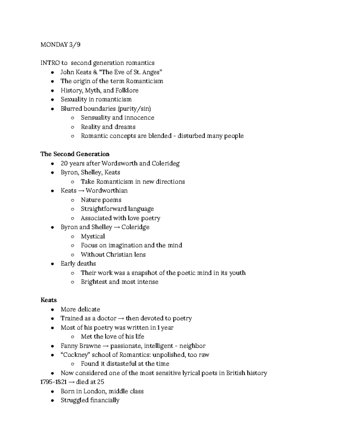 ENG 280 - Lecture Notes on Second Generation Romantics: Keats & Shelley ...