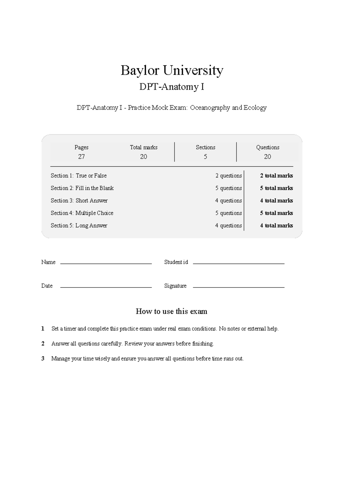 Baylor University DPT 6410 Anatomy I Practice Mock Exam 2026 - Studocu