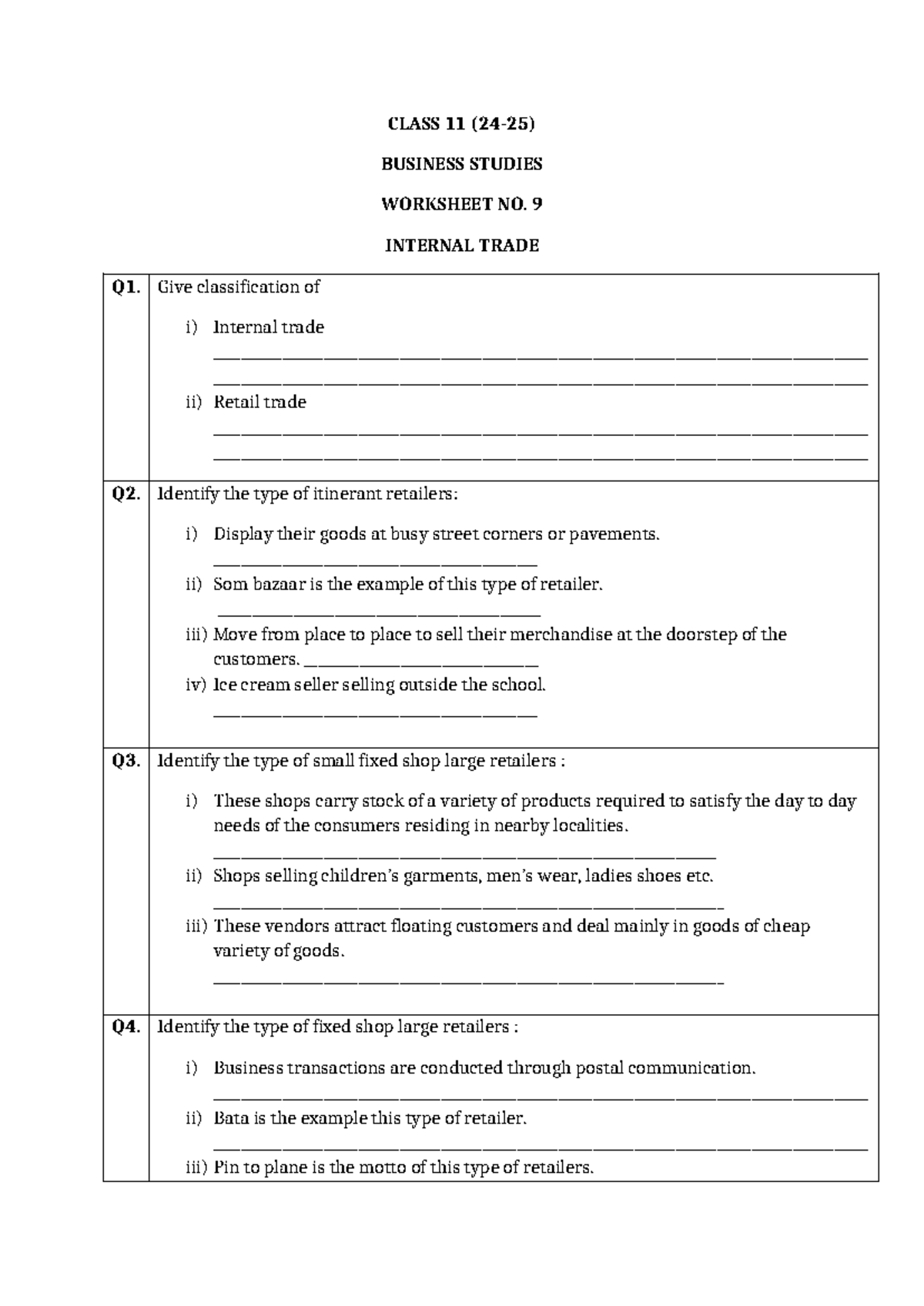 CLASS 11 BUSINESS STUDIES WORKSHEET NO. 9: INTERNAL TRADE NOTES - Studocu