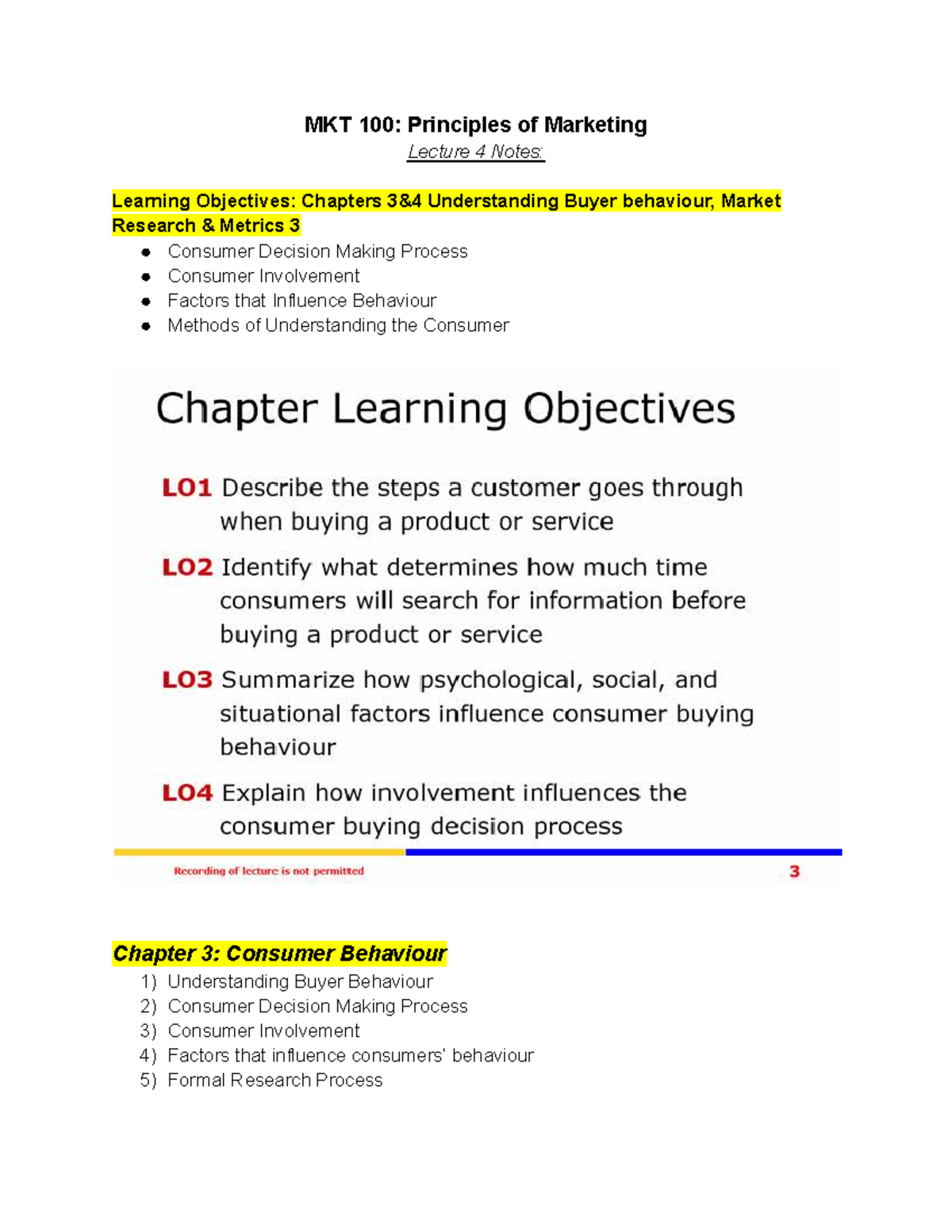 MKT 100: Principles of Marketing Lecture 4 notes on consumer behaviour ...