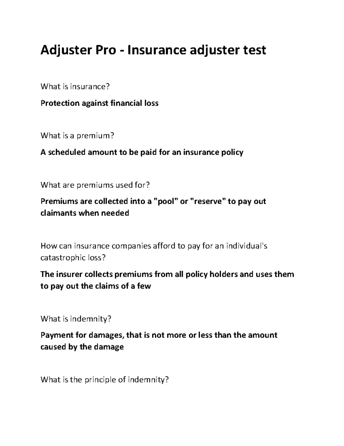Adjuster Pro 2 exam study guide questions and answers - Adjuster Pro 2 ...