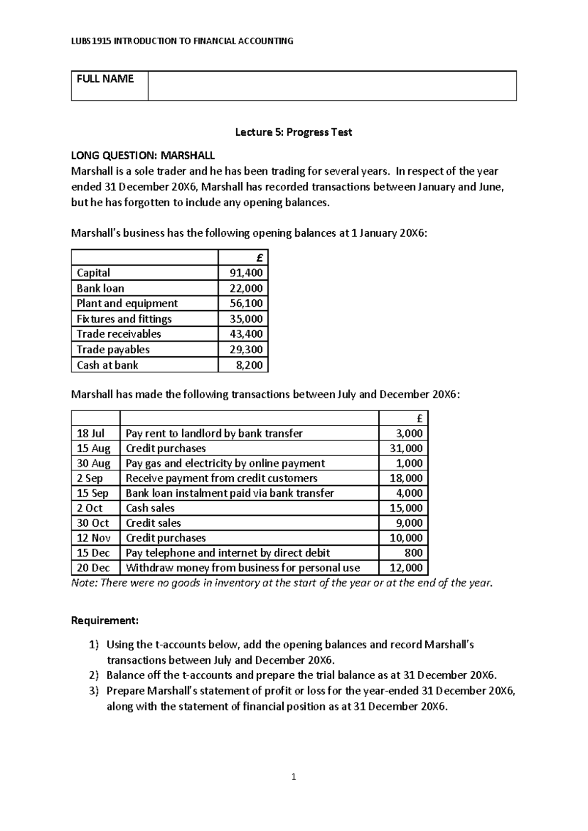 LUBS1915 INTRODUCTION TO FINANCIAL ACCOUNTING Mid-term Test Questions ...