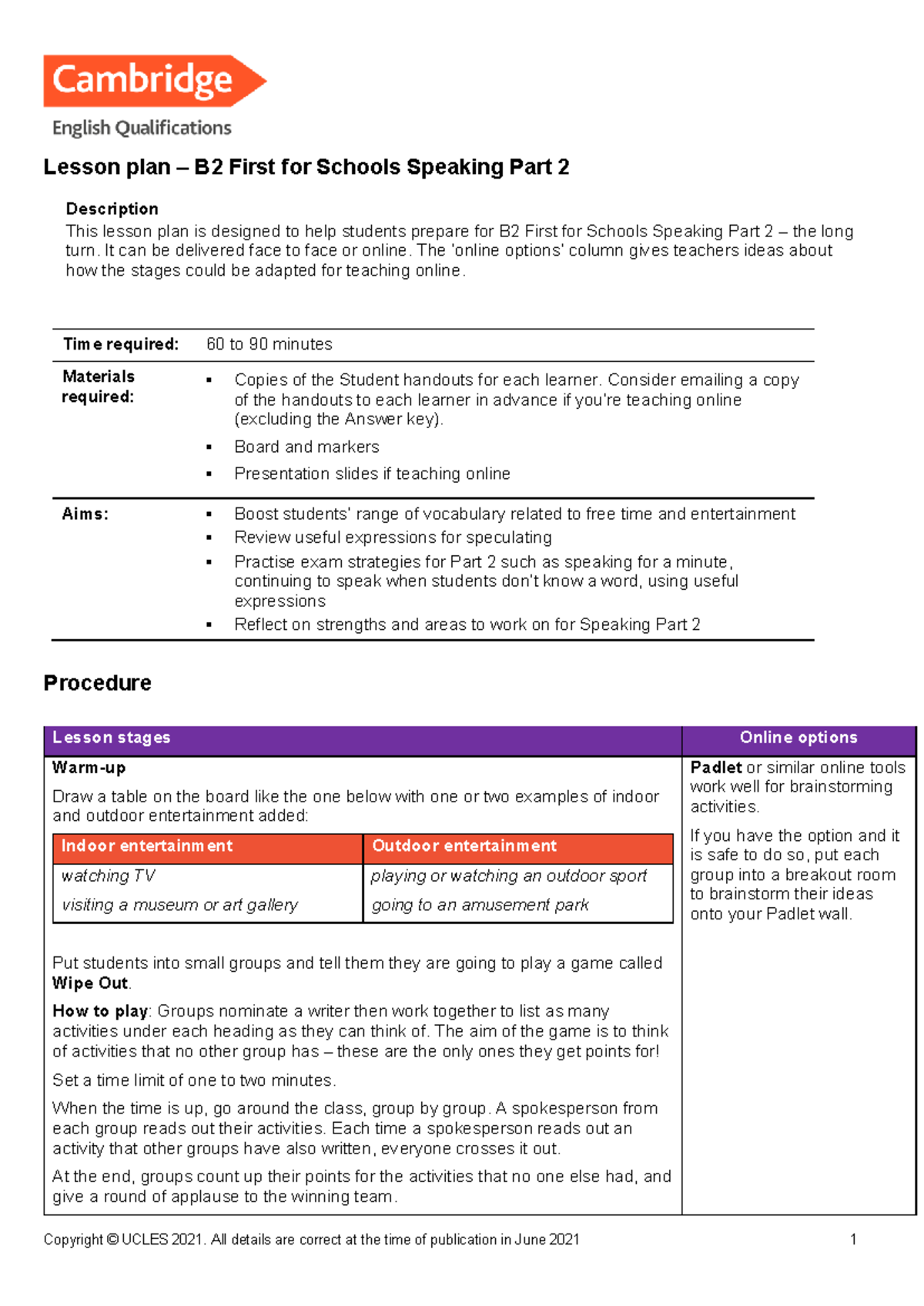 Lesson Plan: B2 First for Schools Speaking Part 2 Preparation - Studocu