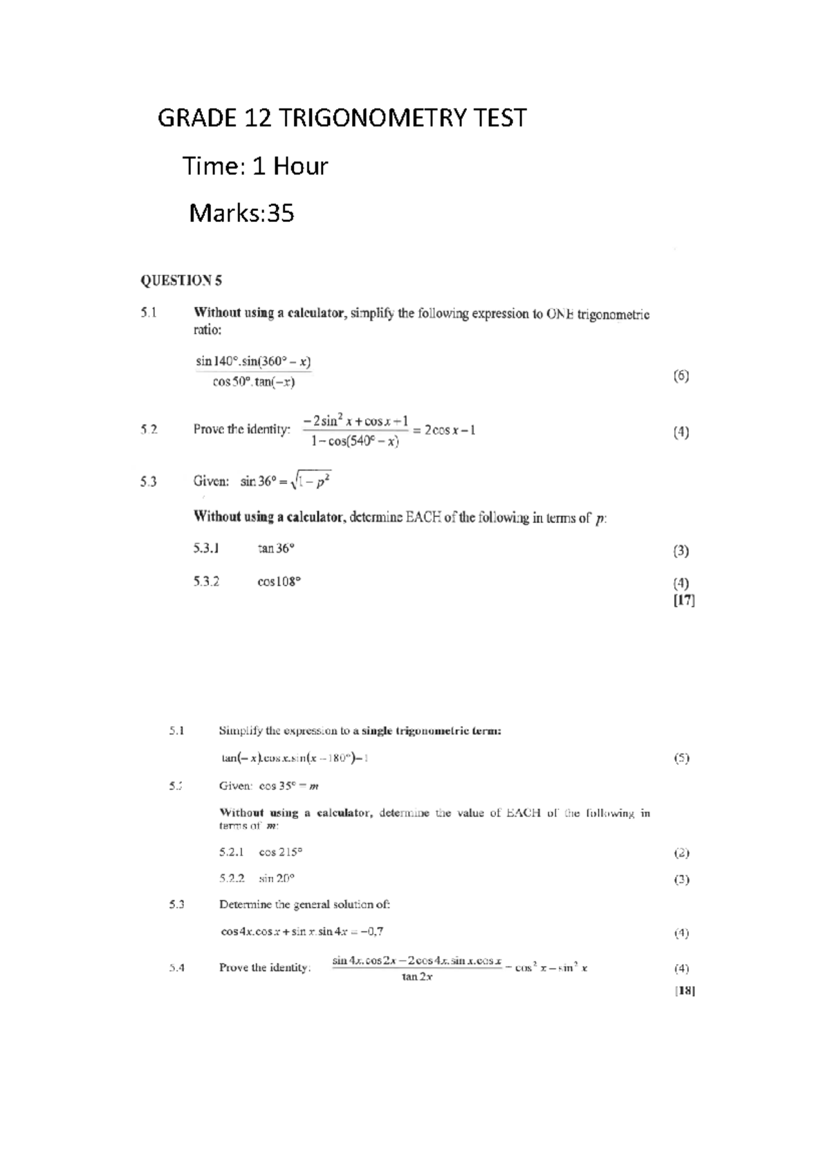 Matric Trig Test 04 September 2022 - PHSL 2004 - GRADE 12 TRIGONOMETRY ...