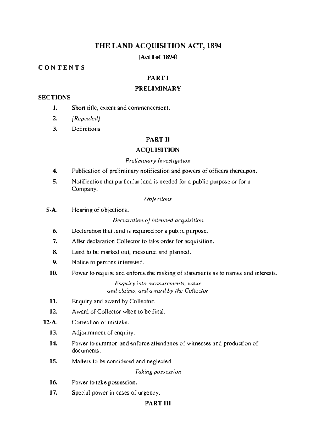 Land Acquisition Act, 1894: Comprehensive Overview and Provisions - Studocu
