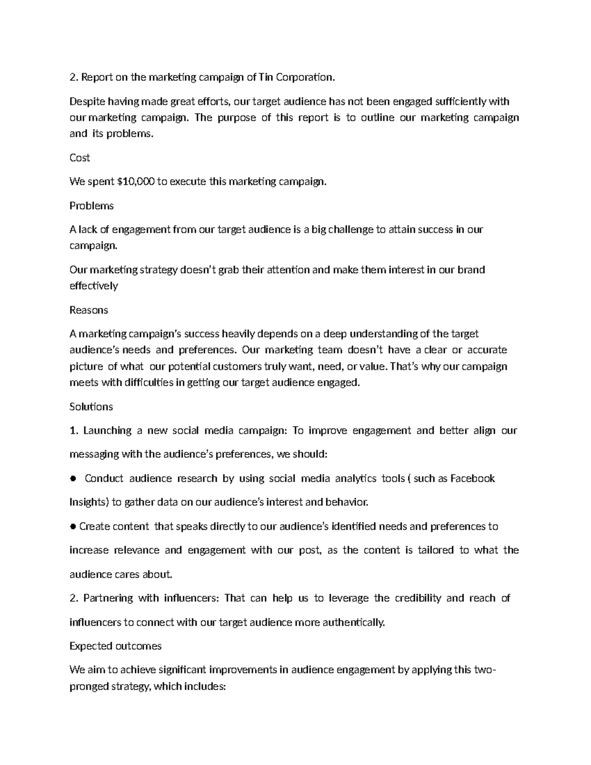 U1 Report on Tin Corp's Marketing Campaign Challenges & Solutions - Studocu