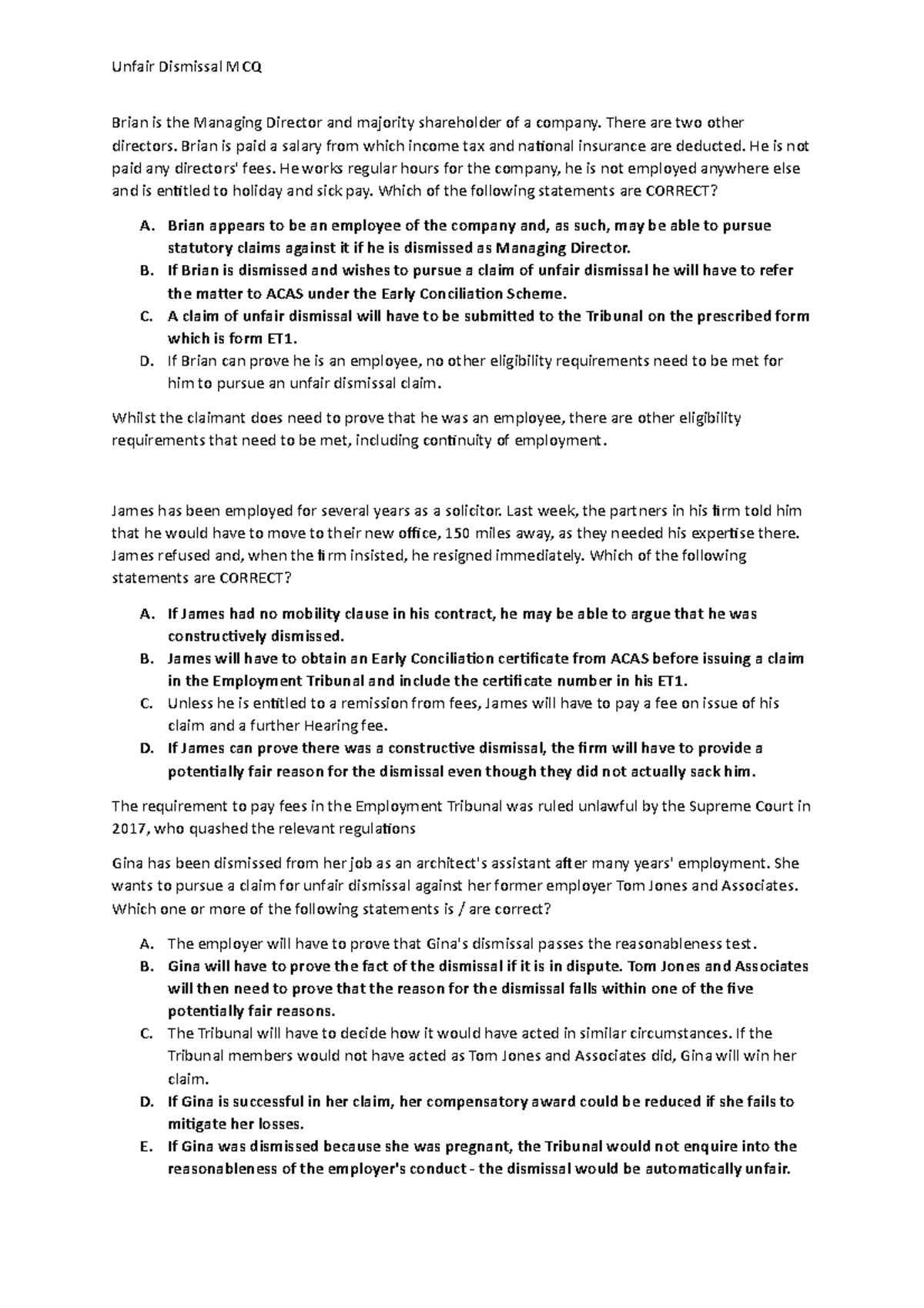 Unfair Dismissal MCQ Study Guide for Employment Law Module - Studocu