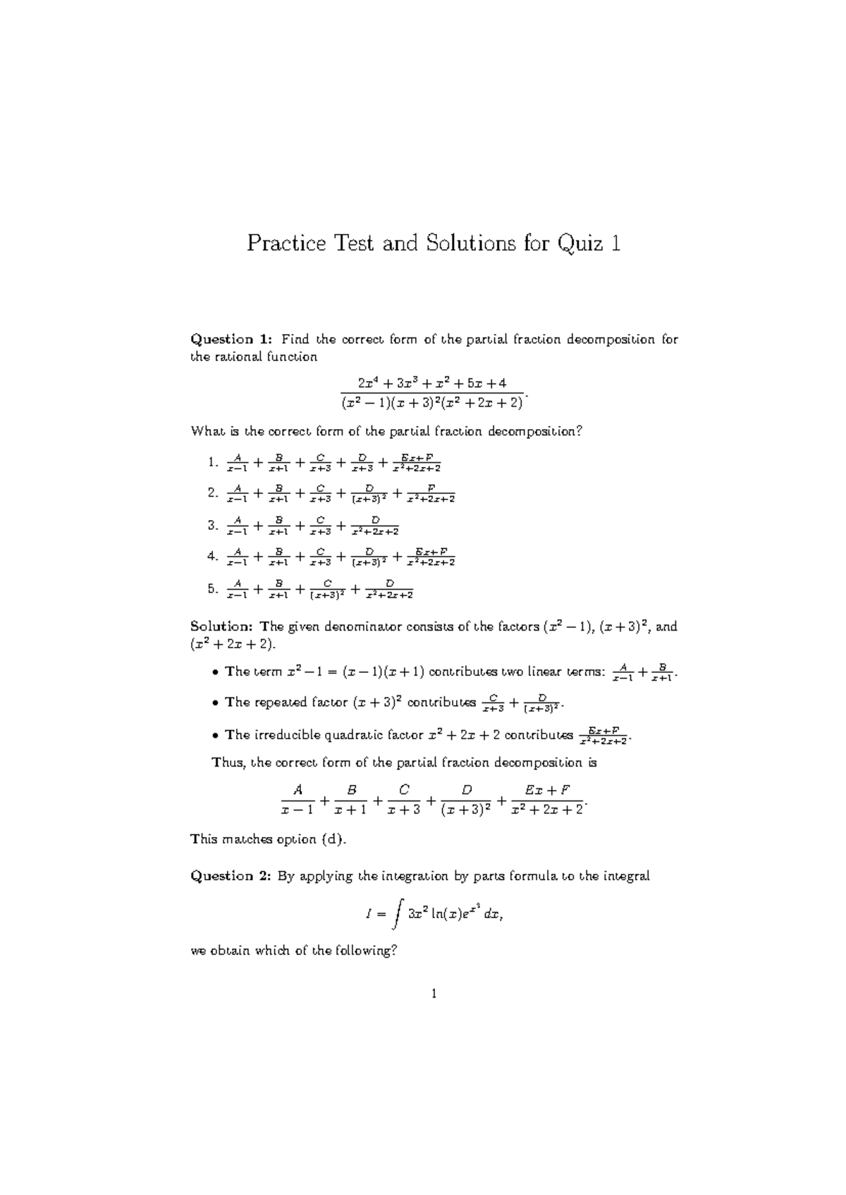 Practice Test and Solutions for Quiz 1 - What is the correct form of ...