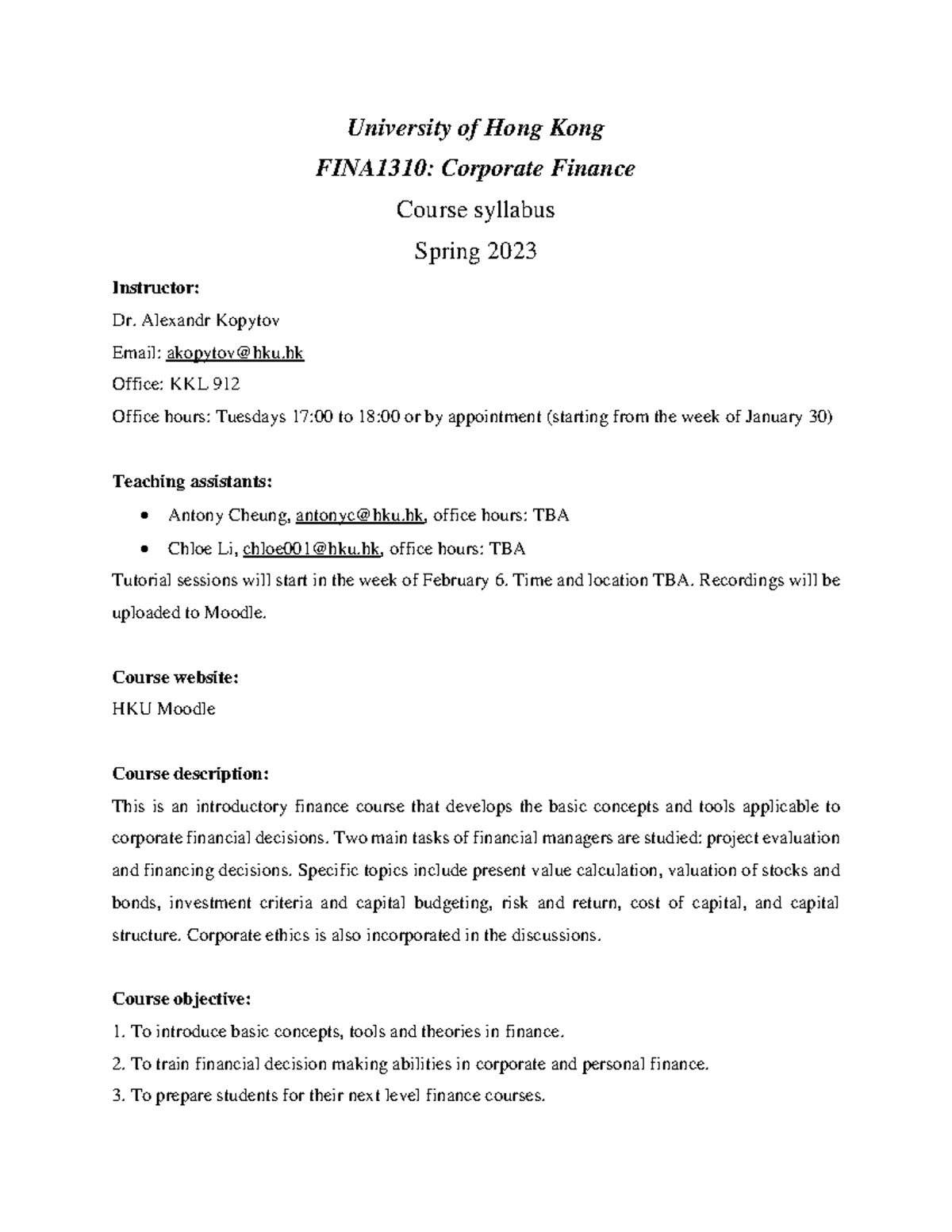 FINA1310: Corporate Finance Syllabus Spring 2023 at HKU - Studocu
