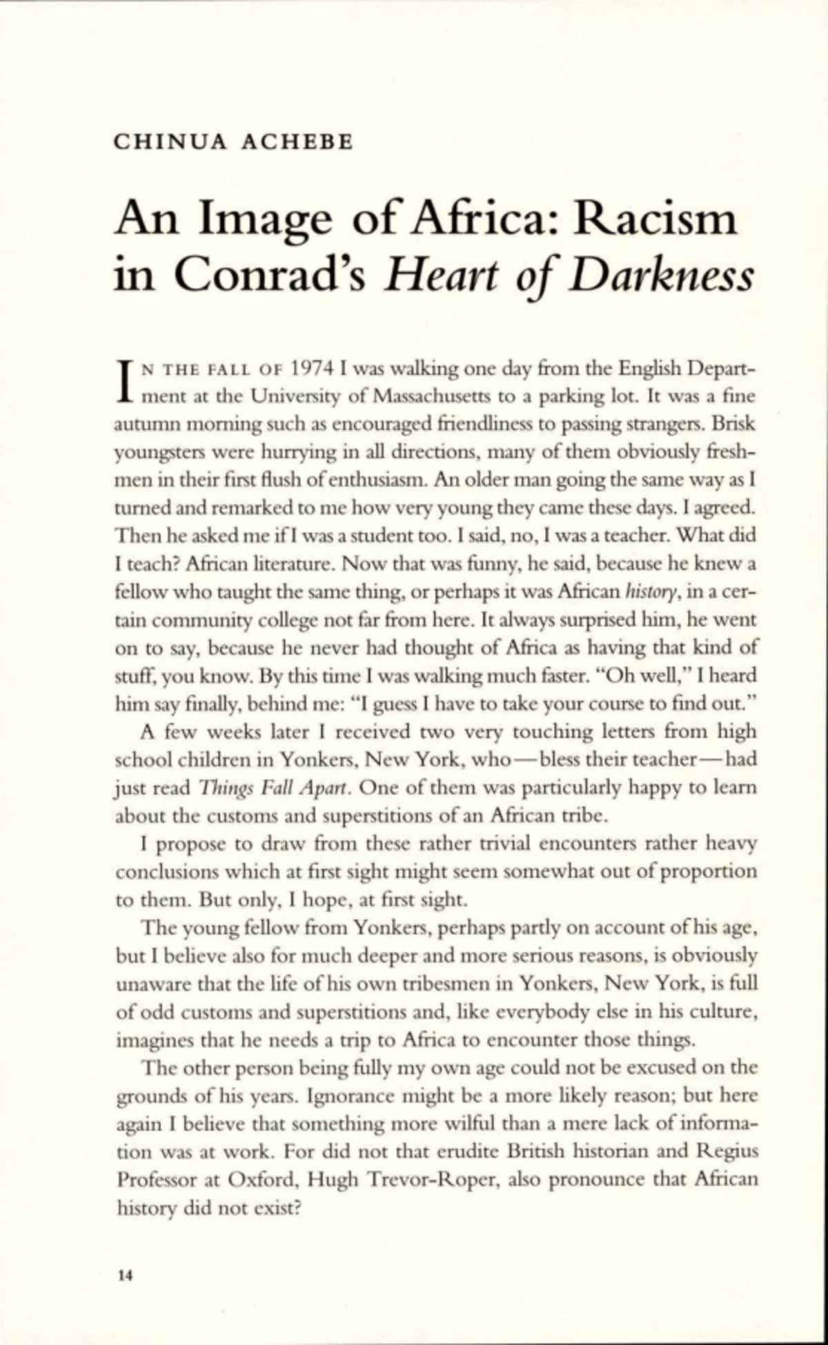 Achebe's Critique of Racism in Conrad's Heart of Darkness: An Essay ...