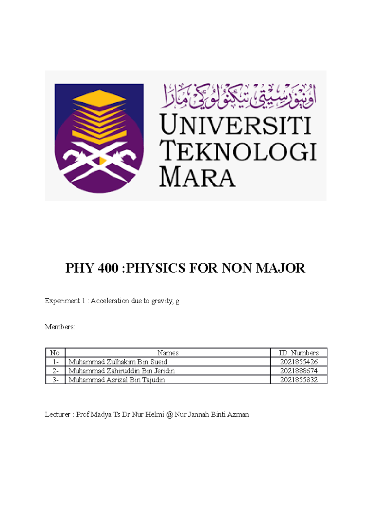 LAB 1 - Acceleration due to Gravity Report PHY400 - Studocu