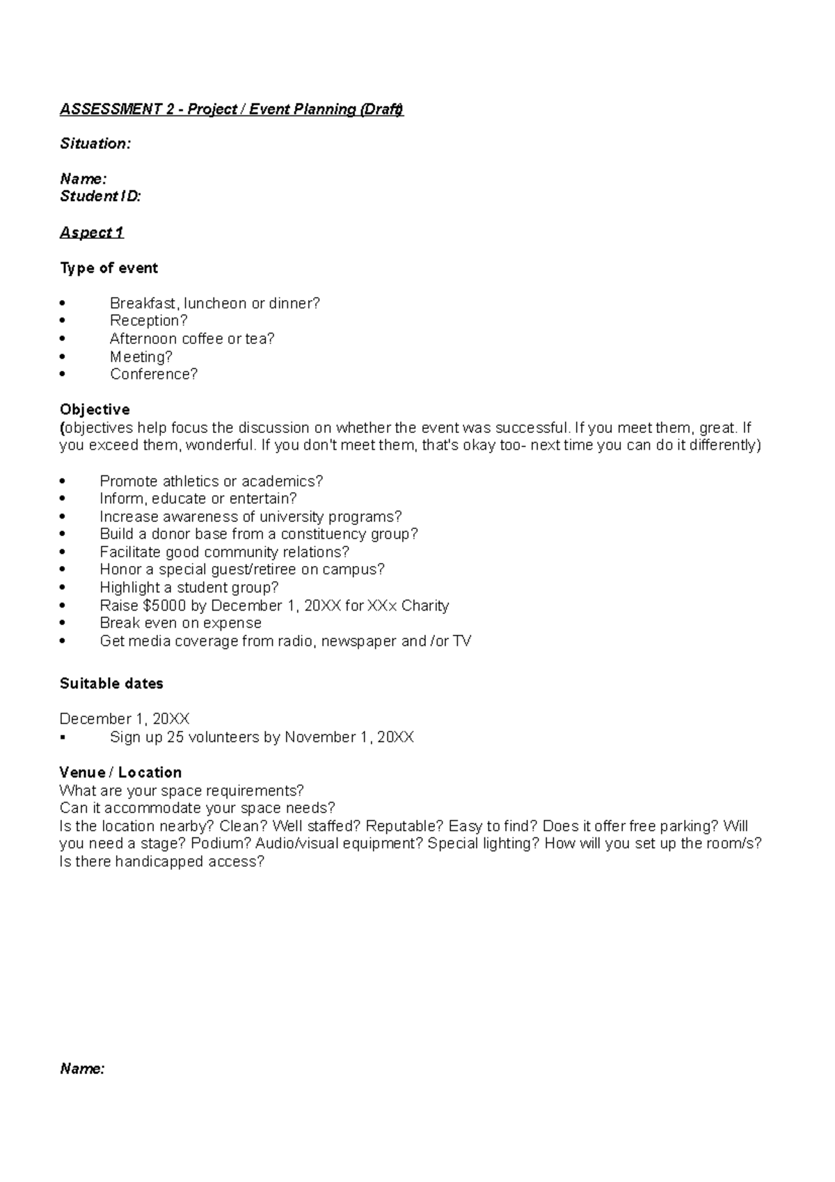 Project Planning Aspects - ASSESSMENT 2 - Project / Event Planning ...