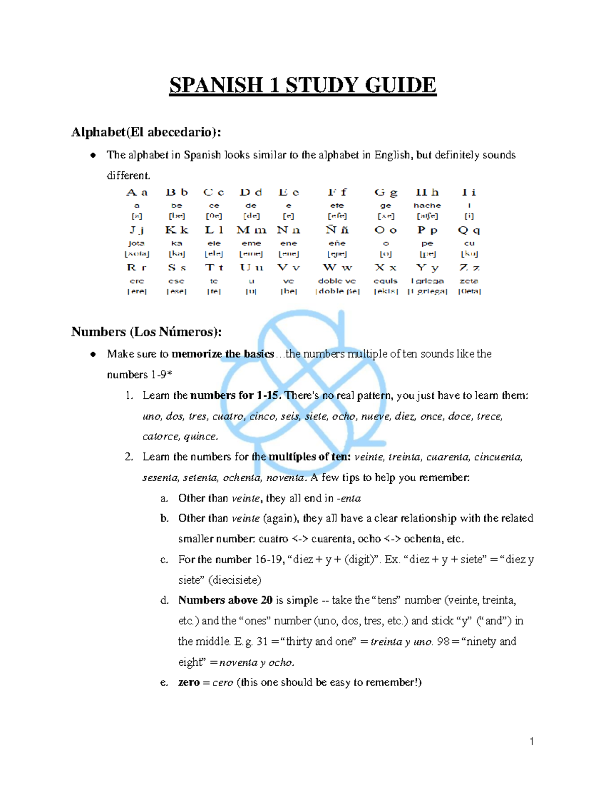 SPANISH 1 VOCABULARY & GRAMMAR STUDY GUIDE - Studocu