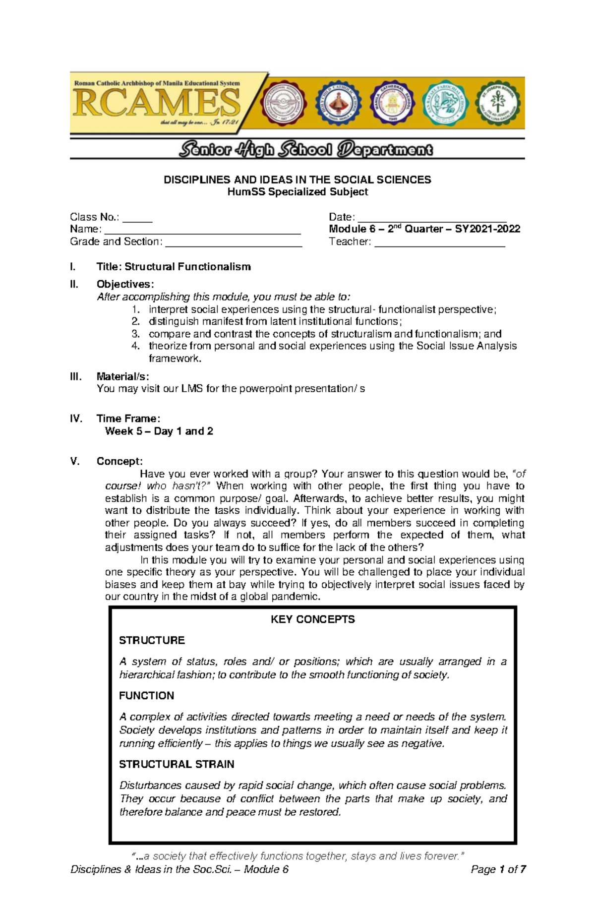 DISS Module 6: Understanding Structural Functionalism in Society - Studocu