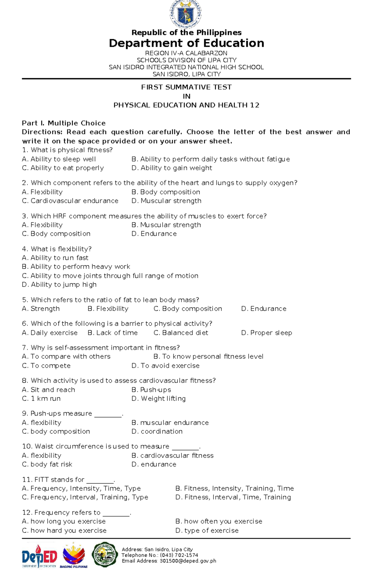 PE 12 First Summative Test in Physical Education and Health - Document Preview