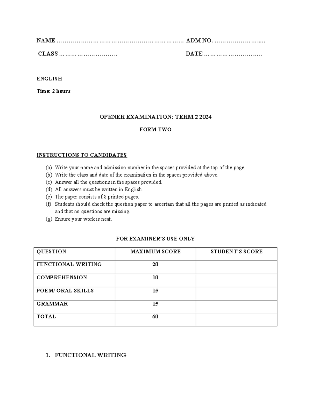 English Term 2 Form Two Opener Examination Questions - Studocu