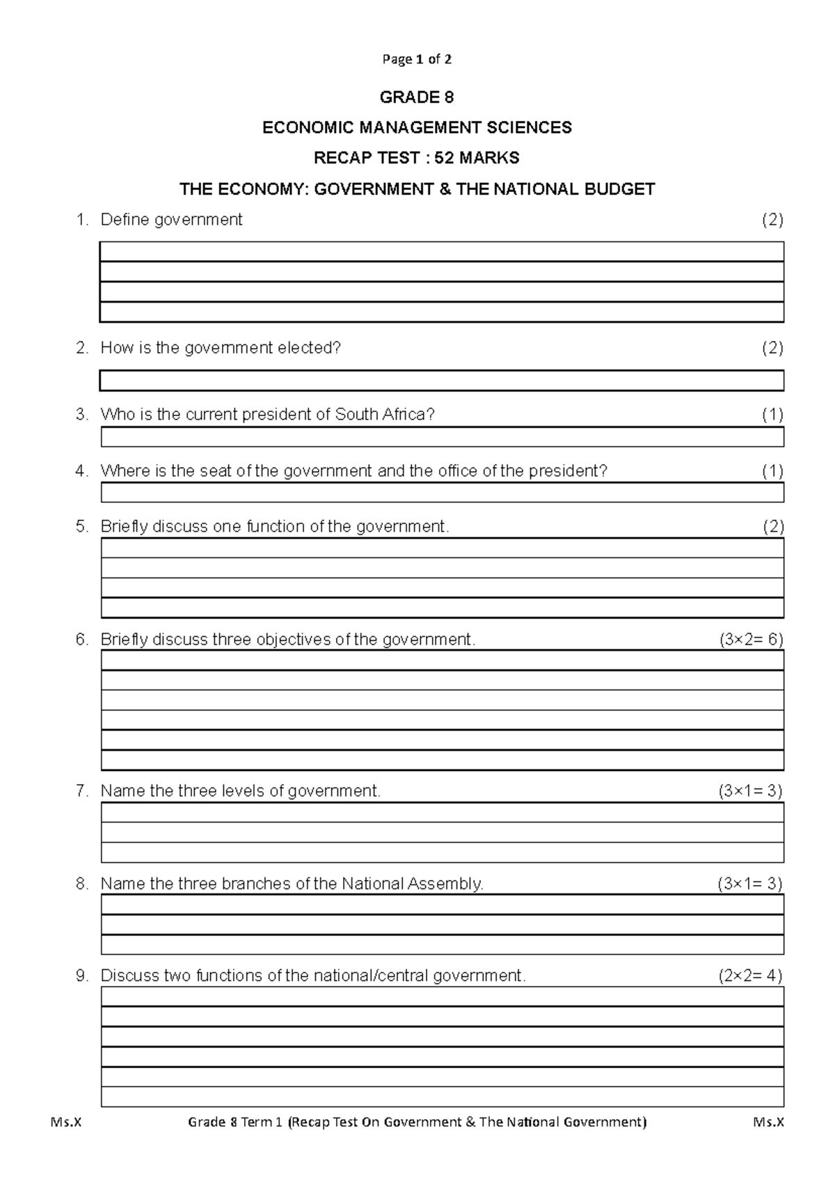 Grade 8 EMS Term 1 Recap Test on Government & National Budget - Studocu
