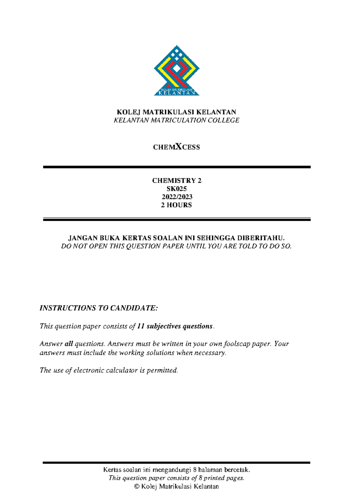 Chemxcess Chemistry 2 SK025 Final Exam Paper 2022/2023 - Studocu